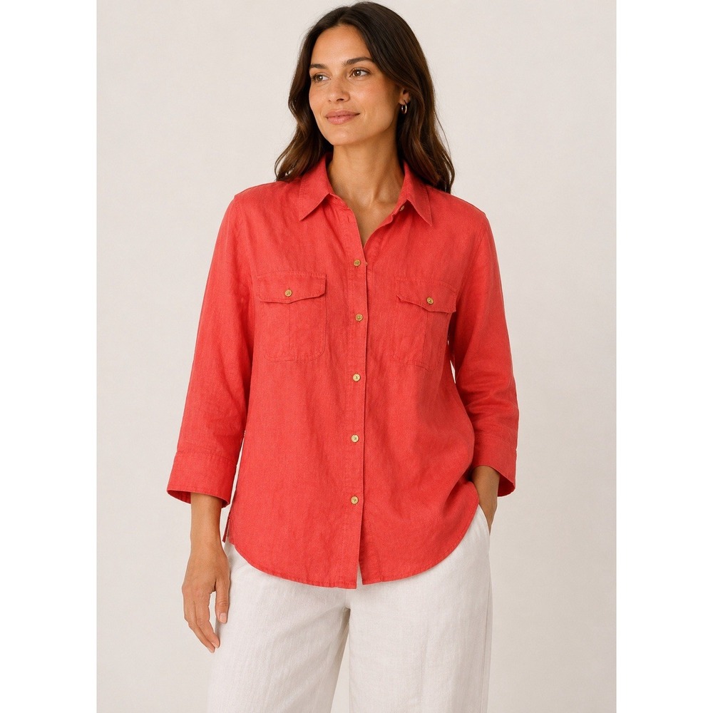 Lauren Ralph Lauren 100% Linen Shirt Women PM Coral Button Down Roll Tab Sleeve